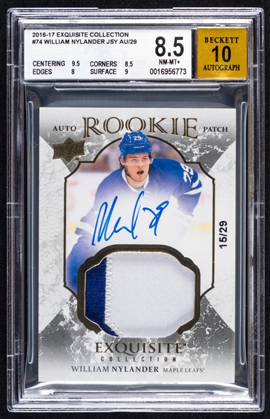 2016-17 Upper Deck Exquisite Collection Auto Rookie Patch Hockey Card #74 William Nylander (15/29) – Card Graded Beckett 8.5 / Autograph Graded 10