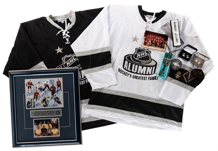 Bobby Bauns NHL Alumni Collection Including Multi-Signed Framed Photo with Bossy, Cournoyer, Cheevers and Others - From His Personal Collection with Family LOA