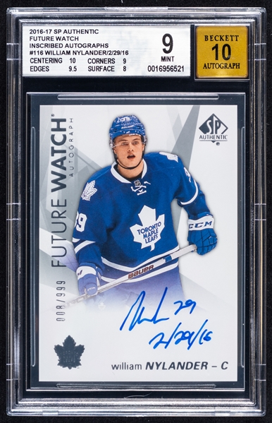 2016-17 Upper Deck SP Authentic Future Watch Autograph (Inscribed 2/29/16) Hockey Card #116 William Nylander Rookie (008/999) – Card Graded Beckett MINT 9 / Autograph Graded 10