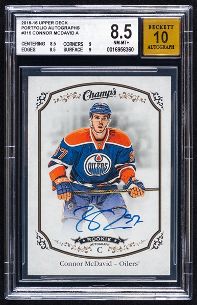 2015-16 Upper Deck Champs Rookie Autograph Hockey Card #315 Connor McDavid SP – Card Graded Beckett 8.5 / Autograph Graded 10