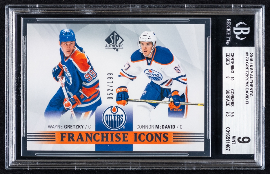 2015-16 Upper Deck SP Authentic Franchise Icons Hockey Card #173 Connor McDavid Rookie & Wayne Gretzky (052/199)  – Graded Beckett MINT 9