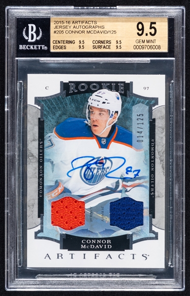 2015-16 Upper Deck Rookie Artifacts Dual Patch Autographed Hockey Card #205 Connor McDavid (014/125)  – Graded Beckett GEM MINT 9.5