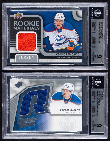 2015-16 UD Rookie Materials Hockey Card #RM-CM Connor McDavid Rookie and 2015-16 UD SPx Retro Rookie Jerseys Hockey Card #SPXR-CM Connor McDavid   – Both Graded Beckett MINT 9