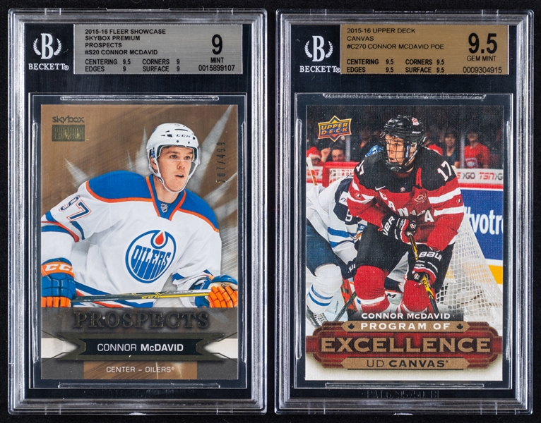 2015-16 Fleer Showcase Premium Prospects Hockey Card #S20 Connor McDavid Rookie (207/499 - Beckett MINT 9) and 2015-16 UD Canvas POE Hockey Card #C270 Connor McDavid Rookie (Beckett GEM MINT 9.5)