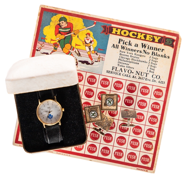 Norm Ullmans Toronto Maple Leafs Timex Wristwatch Plus Vintage Team Canada and Minnesota North Stars Cufflinks and Vintage Hockey Punch Card