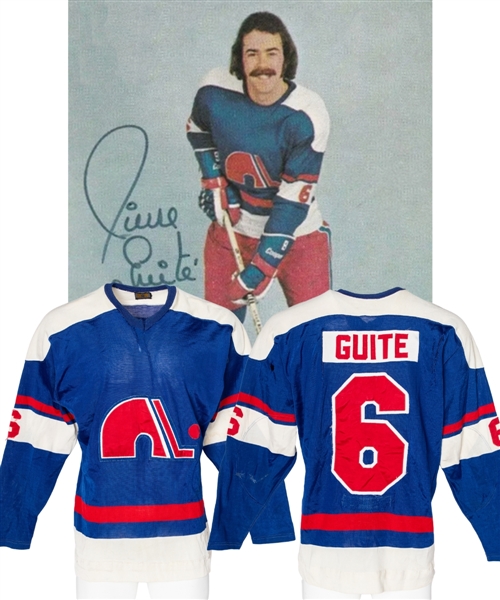 Pierre Guites 1973-74 WHA Quebec Nordiques Game-Worn Jersey - Nice Game Wear! - Numerous Team Repairs!