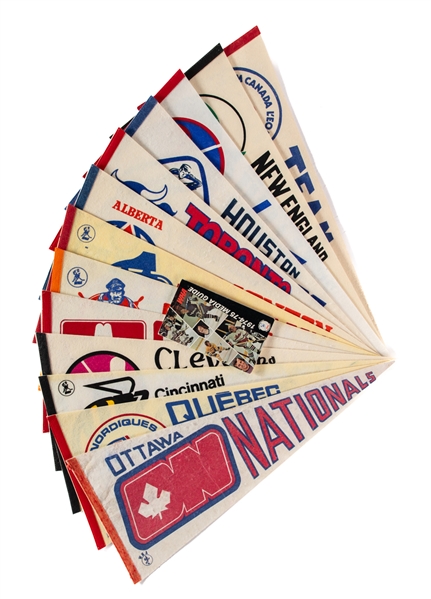 Vintage WHA - World Hockey Association Full Size Hockey Pennants (13) Including 1974 WHA Team Canada, Ottawa Nationals, Toronto Toros, Indianapolis Racers and San Diego Mariners