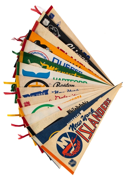 Vintage NHL - National Hockey League Full Size Hockey Pennants (15) Including Rockies, Flames, Penguins, Nordiques, North Stars (2), Whalers and Others