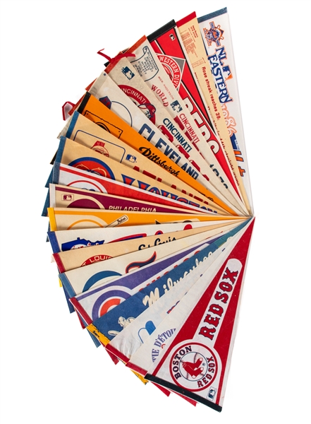 Vintage MLB - Major League Baseball Full Size Baseball Pennants (20) Including 1972 World Series Champs Reds, Pete Roses 1978 Hit Streak, Indians, Pirates, Braves, Astros and Others