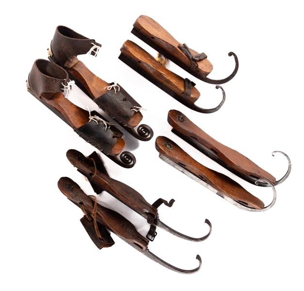 Antique 19th Century Curled-Tip Blade Ice skate Collection of 4 Pairs Including Triple Curl Skates