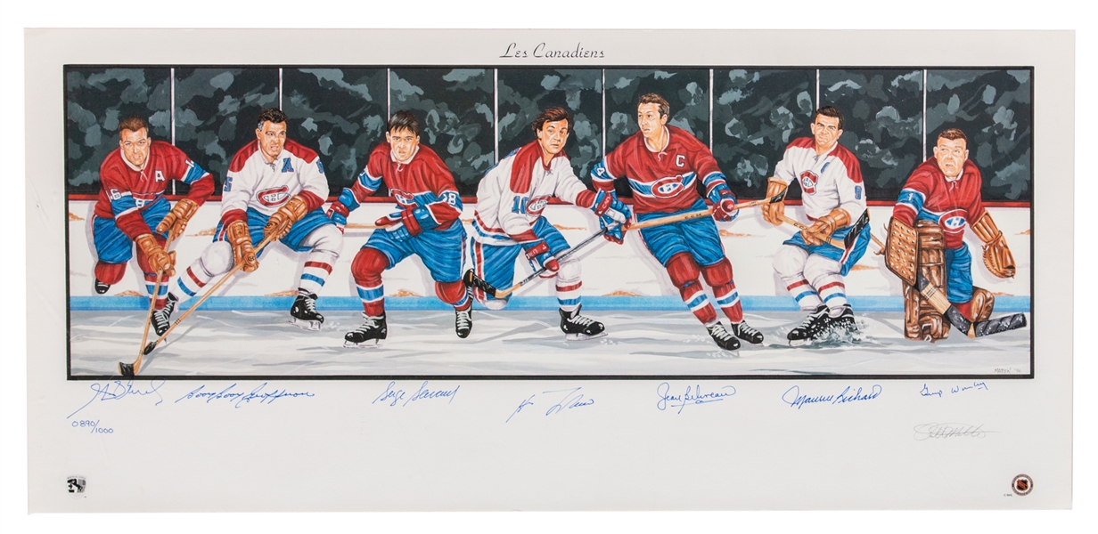 Montreal Canadiens Limited Edition #890/1000 Lithograph Signed by 7 HOFers Including M. and H. Richard, Beliveau, Worsley, Lafleur, Savard and Geoffrion with Classic Auctions LOA (39" x 18")