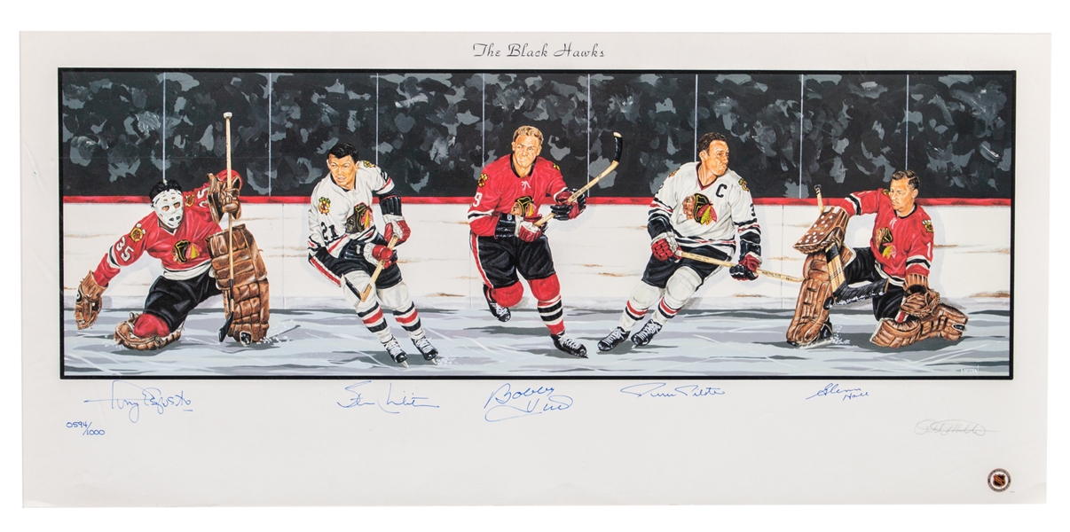 Chicago Blackhawks Limited Edition #594/1000 Lithograph Signed by 5 HOFers Including Esposito, Mikita, Hull, Pilote and Hall with Classic Auctions LOA (39" x 18")