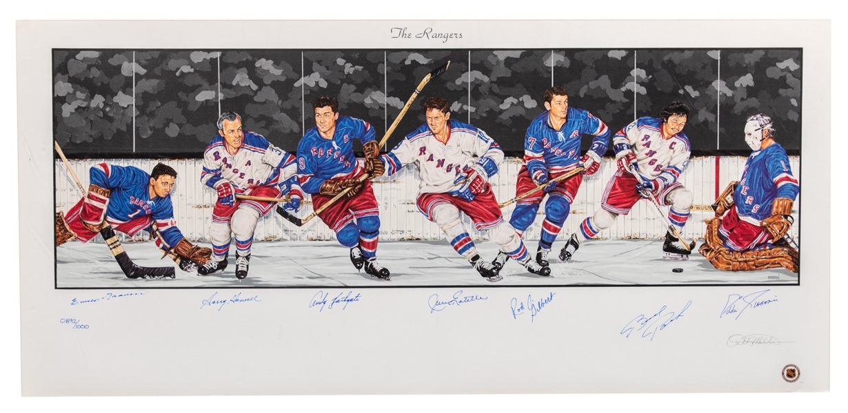 New York Rangers Limited Edition #892/1000 Lithograph Signed by 7 HOFers Including Francis, Howell, Bathgate, Ratelle, Gilbert, Park and Giacomin with Classic Auctions LOA (39" x 18")