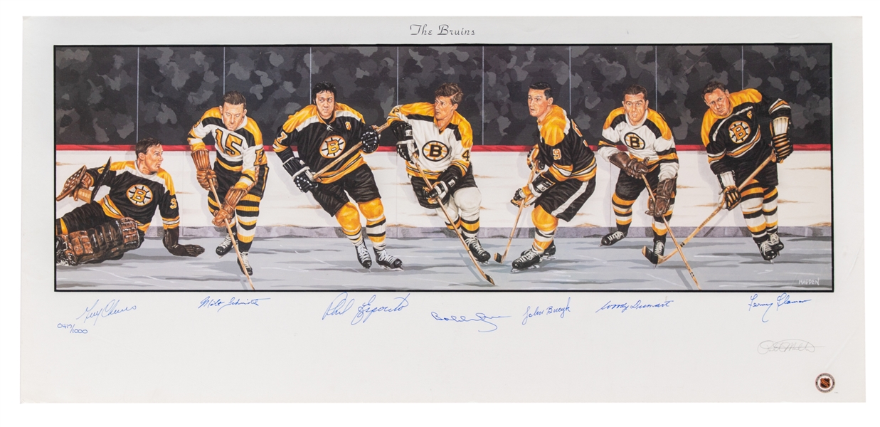 Boston Bruins Limited Edition #417/1000 Lithograph Signed by 7 HOFers Including Cheevers, Schmidt, Esposito, Orr, Bucyk, Dumart and Flaman with Classic Auctions LOA (39" x 18")