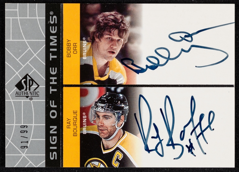 2002-03 Upper Deck SP Authentic Sign of the Times Dual-Signed Hockey Card #OB HOFers Bobby Orr and Ray Bourque (91/99)