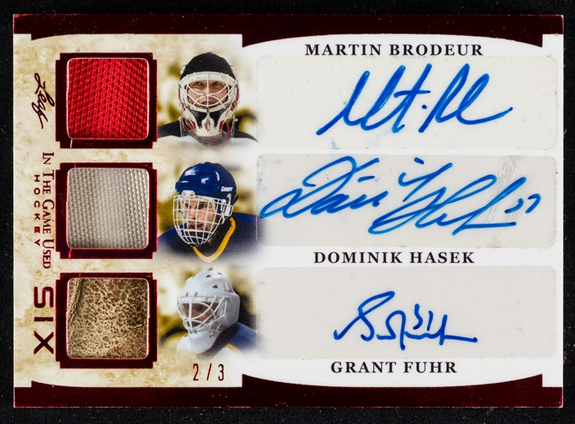 2022-23 Leaf In The Game Used Hockey Six Autos/Patches Red Spectrum Hockey Card #GUS-2 Brodeur Hasek Fuhr Potvin Hextall Joseph (2/3)