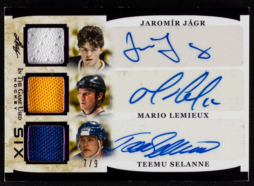 2022-23 Leaf In The Game Used Hockey Six Autos/Patches Purple Spectrum Hockey Card #GUS-5 Jagr Lemieux Selanne Oates Lindros Gilmour (7/9)