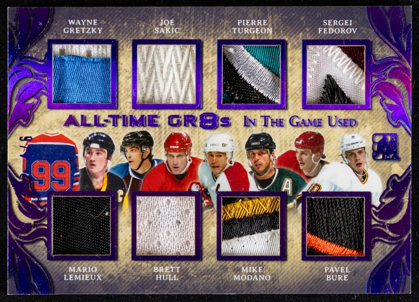 2017-18 Leaf In The Game Used All-Time Gr8s Memorabilia Purple Spectrum Hockey Card #AT8P-02 Gretzky Lemieux Sakic Hull Turgeon Modano Fedorov Bure (4/6)