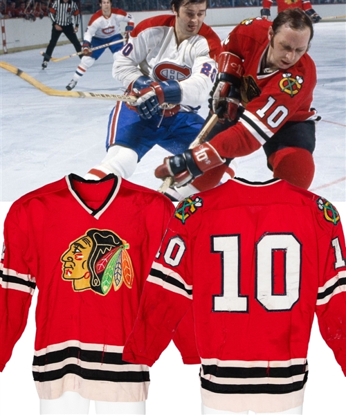 Dennis Hulls 1972-73 Playoffs/Stanley Cup Finals and 1973-74 Regular Season Chicago Black Hawks Game-Worn Jersey - Heavy Wear and Numerous Team Repairs! - Photo-Matched!