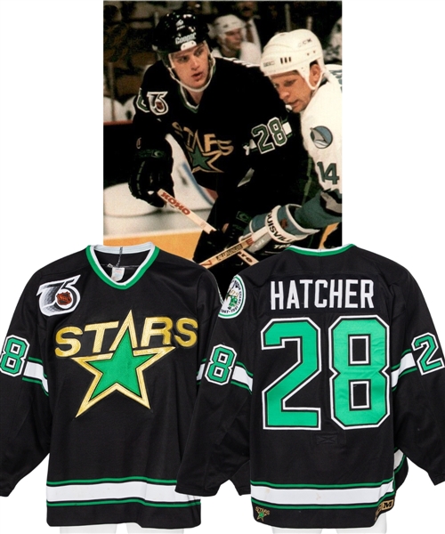 Derian Hatchers 1991-92 Minnesota North Stars Game-Worn Rookie Season Jersey with His Signed LOA - NHL 75th Anniversary and North Stars 25th Anniversary Patches! 