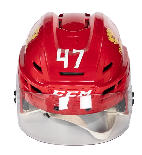 Alexey Marchenkos Team Russia 2016 World Cup of Hockey Game-Used Helmet with Hockeytown COA - Photo-Matched! 