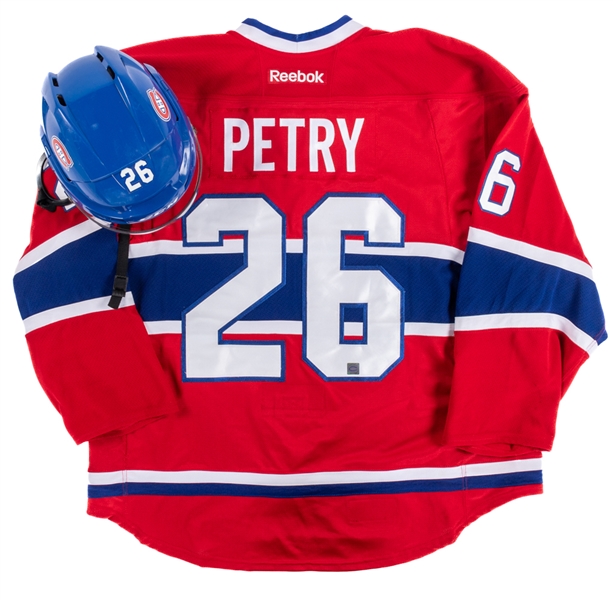 Jeff Petrys 2014-15 Montreal Canadiens Game-Worn Stanley Cup Playoffs Jersey with Team LOA Plus Mid-to-Late-2010s Game-Worn Helmet - Beliveau Memorial Patch! - Photo-Matched!