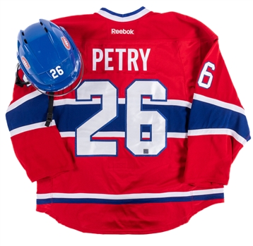 Jeff Petrys 2014-15 Montreal Canadiens Game-Worn Stanley Cup Playoffs Jersey with Team LOA Plus Mid-to-Late-2010s Game-Worn Helmet - Beliveau Memorial Patch! - Photo-Matched!