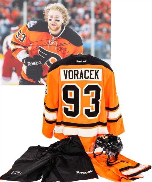 Jakub Voraceks 2012 NHL Winter Classic Philadelphia Flyers Game-Worn Second Period Jersey, Helmet and Pant Shell Plus Matt Walkers Practice Socks - All with MeiGray LOAs!