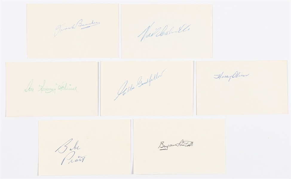 Deceased HOFers Signed Index Cards (7) including Babe Pratt, Sweeney Schriner, Harry Oliver and Frank Boucher