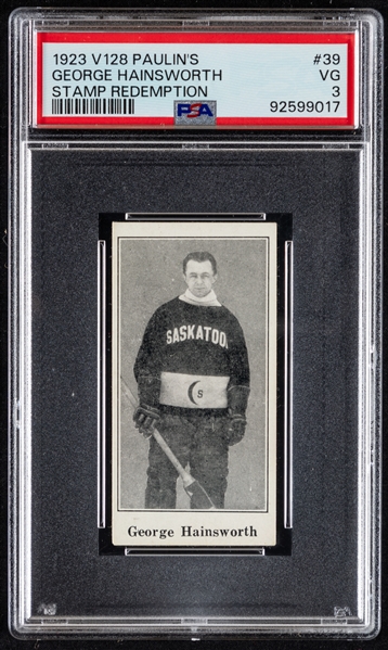 1923-24 Paulins Candy V128 Hockey Card #39 HOFer George Hainsworth Rookie (Stamp Redemption) - Graded PSA 3