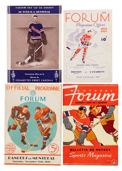 Montreal Canadiens 1932-33, 1933-34 and 1934-35 Montreal Forum Programs (3) Plus 1934-35 Sweet Caporal Photo of Dave Kerr