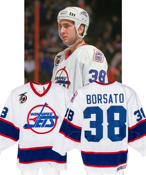 Luciano Borsatos 1991-92 Winnipeg Jets Game-Worn Jersey - NHL 75th Patch! - Nice Game Wear! - Photo-Matched!