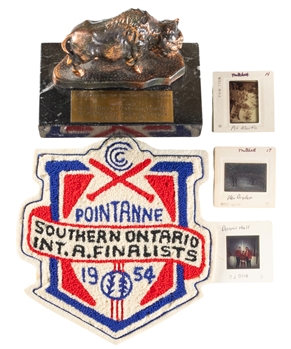 Bobby Hulls 1989 Province of Manitoba Buffalo Trophy, 1954 Baseball Jacket Crest and Winnipeg Jets WHA 35mm Slides (15)