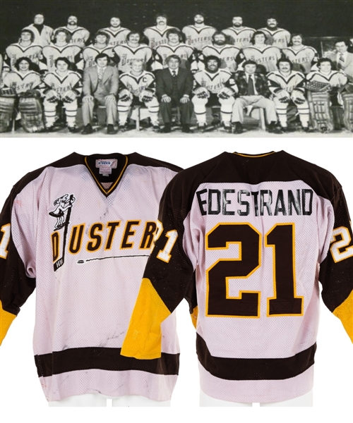 Darryl Edestrands 1979-80 AHL Broome Dusters Game-Worn Jersey with MeiGray LOA and COR - Heavy Game Wear! - Team Repairs!