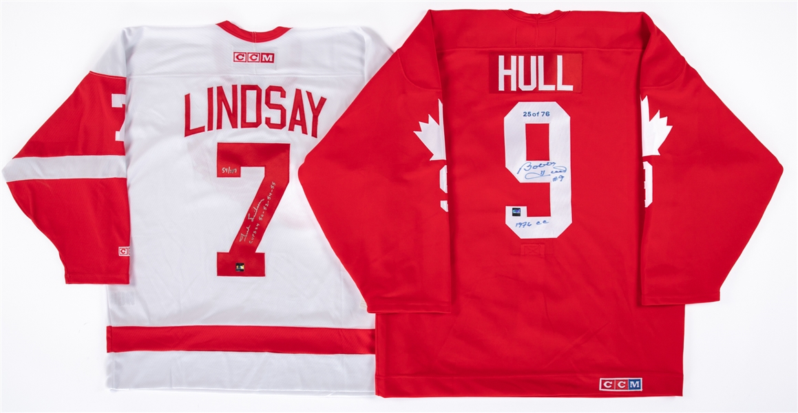 Mark Howe (Hartford), Ted Lindsay (Detroit Limited-Edition Cup Notations), Dale Hawerchuk (Buffalo) and Bobby Hull (Canada Cup 1976 Limited-Edition) Signed Jerseys (4) with JSA Auction LOA