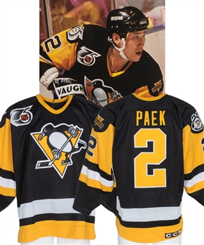 Jim Paek’s 1991-92 Pittsburgh Penguins Game-Worn Roookie Jersey with LOA - Stanley Cup Championship Season! - Badger, Penguins 25th and NHL 75th Patches!