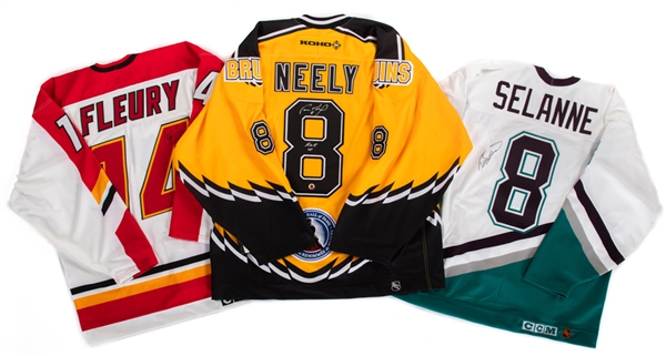 Teemu Selanne (Anaheim), Theo Fleury (Calgary) and Cam Neely (Boston) Signed Jerseys (3) with JSA Auction LOA