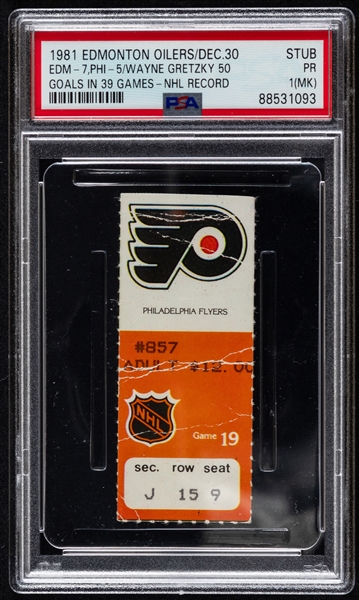 December 30th 1981 Wayne Gretzky 50 Goals in 39 Games Ticket Stub - Graded PSA 1 (MK)