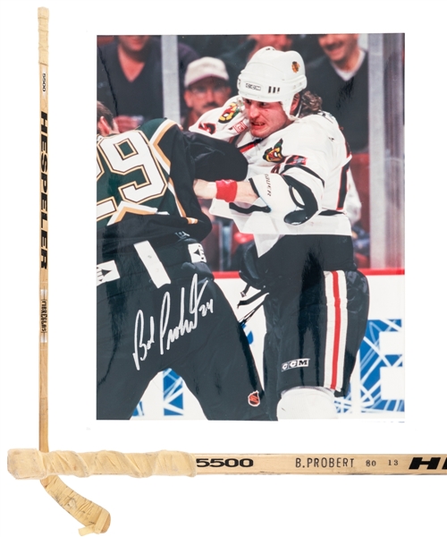 Bob Proberts Late-1990s Chicago Black Hawks Hespeler 5500 Game-Used Stick and Signed Photo with JSA Auction LOA