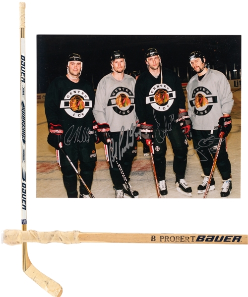 Bob Proberts Late-1990s Chicago Black Hawks Bauer Supreme 3003 Game-Used Stick Plus Signed Photo Including Probert, Russell, Cummins and Ciccone