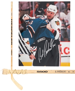 Bob Proberts Late-1990s Chicago Black Hawks Hespeler 5500 Game-Used Stick and Signed Photo with JSA Auction LOA