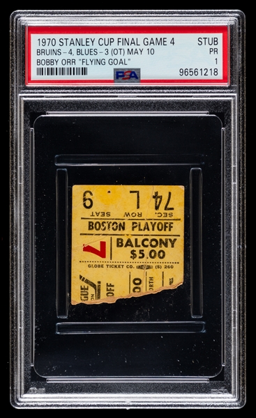 May 10th 1970 Stanley Cup Finals Cup-Clinching Game #4 Ticket Stub (Boston Bruins vs St. Louis Blues) - Bobby Orr "Flying Goal" - Graded PSA 1