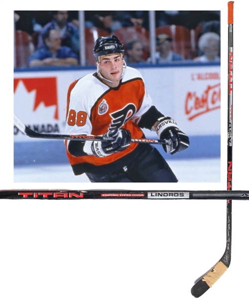 Eric Lindros 1992-93 Philadelphia Flyers Titan ASD 6000 Game-Used Rookie Season Stick from His Personal Collection with His Signed LOA - Stick Signed with Annotation "HOF 16 Game Used Rookie Season"