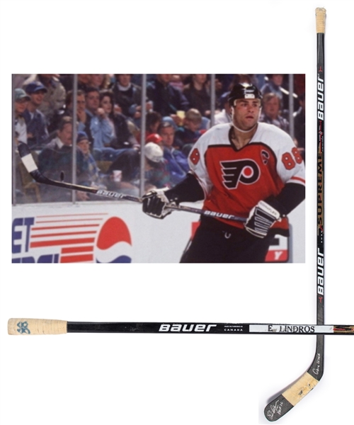 Eric Lindros Mid-1990s Philadelphia Flyers Bauer Supreme 3030 Game-Used Stick from His Personal Collection with His Signed LOA - Stick Signed with Annotation "HOF 16 Game Used"