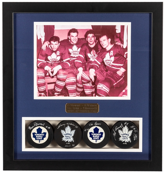 Toronto Maple Leafs 1947 Stanley Cup Champions Framed Signed Puck Display Including Kennedy, Watson, Lynn and Stewart with JSA Auction LOA (16 1/2" x 17 1/4")