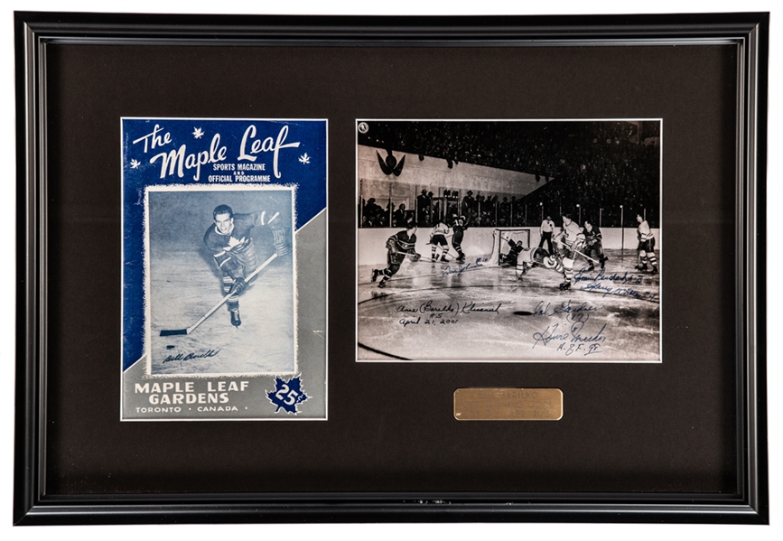 Multi-Signed Leafs/Canadiens Framed Photo and Program Display of Bill Barilkos Famous 1951 Goal with LOA (16 1/2" x 24") Plus 1951 Goal HOF Postcard 