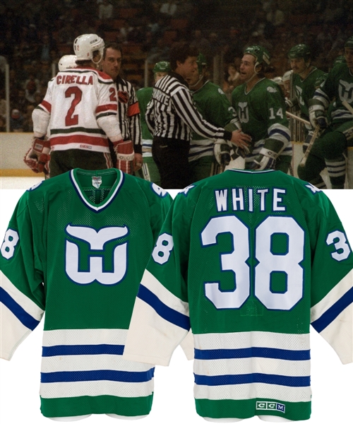 Randy Pierces 1984-85 Hartford Whalers Game-Worn Jersey Recycled For and Worn by Rob White During Pre-Season Play (Late-1980s)