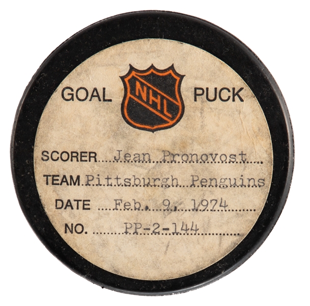 Jean Pronovost’s Pittsburgh Penguins February 9th 1974 Goal Puck from the NHL Goal Puck Program - Season Goal #23 of 40 / Career Goal #131 of 391 - Game-Winning Goal!