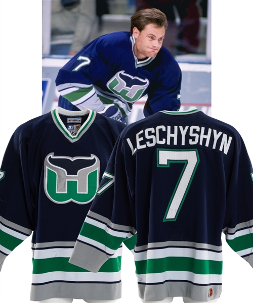 Curtis Leschyshyns 1996-97 Hartford Whalers Game-Worn Jersey - Final Season for Team in Hartford! - Nice Game Wear! - Photo-Matched!