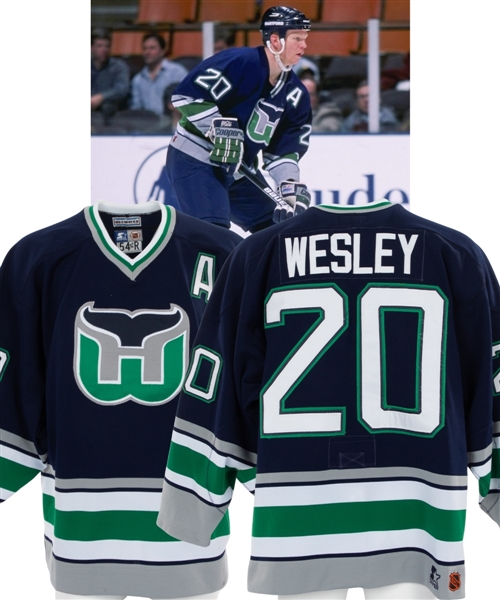 Glen Wesleys 1996-97 Hartford Whalers Game-Worn Alternate Captains Jersey - Final Season for Team in Hartford!